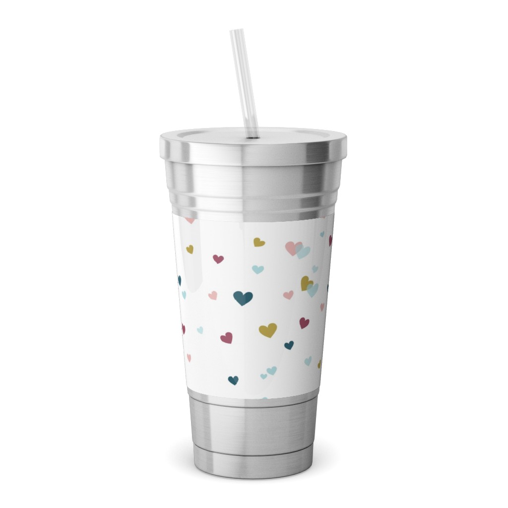 Confetti Hearts - White and Multi Stainless Tumbler with Straw, 18oz, Multicolor