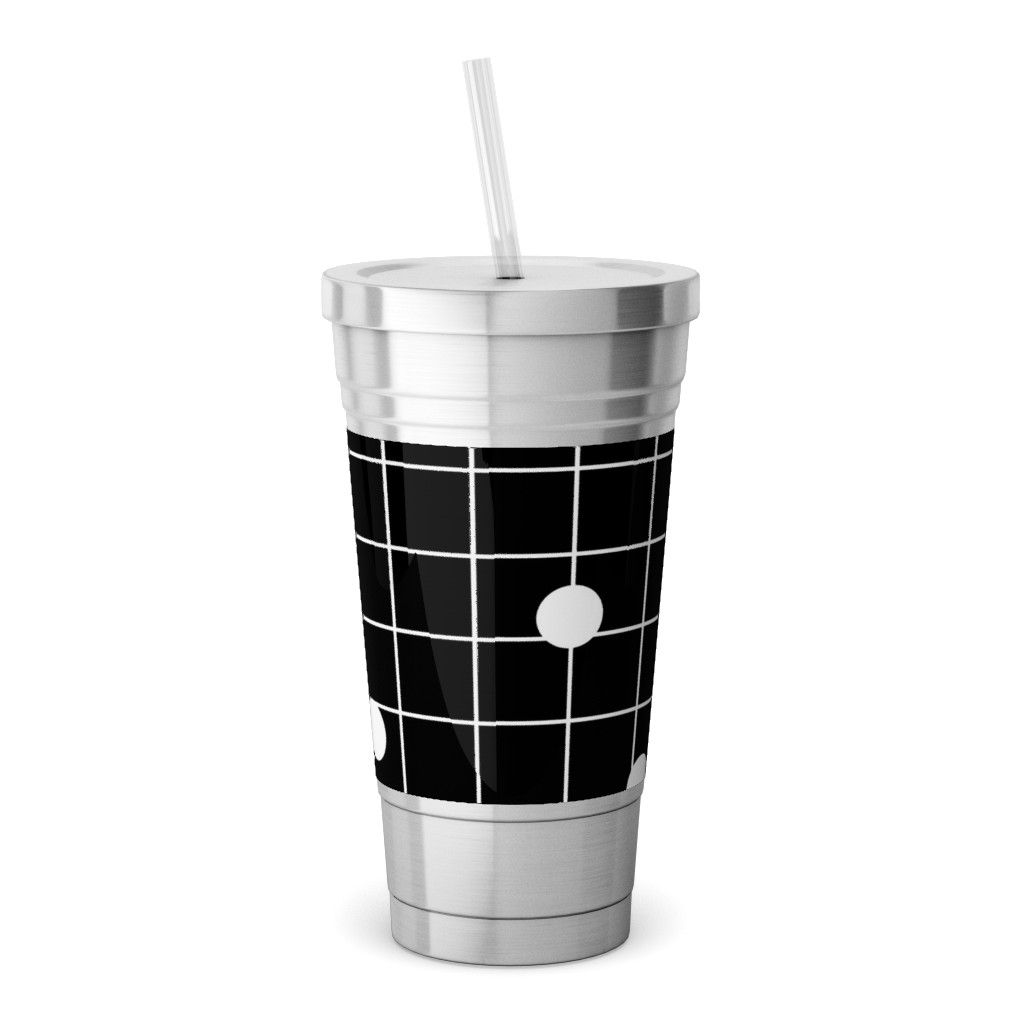Dot Line - Black and White Stainless Tumbler with Straw, 18oz, Black