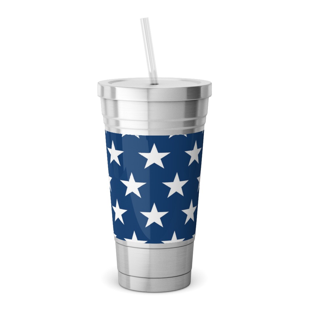 Stars on Blue Stainless Tumbler with Straw, 18oz, Blue