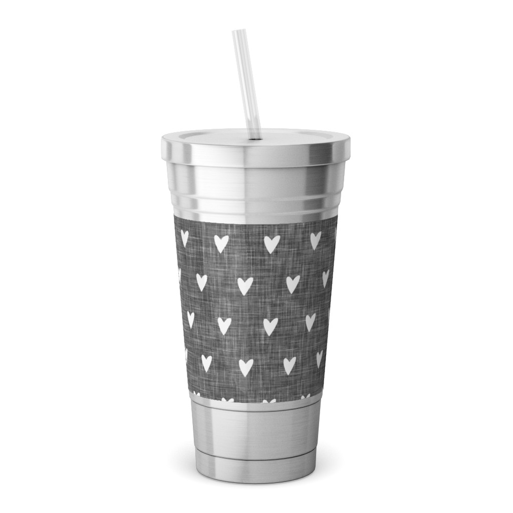 Hearts on Grey Linen Stainless Tumbler with Straw, 18oz, Gray