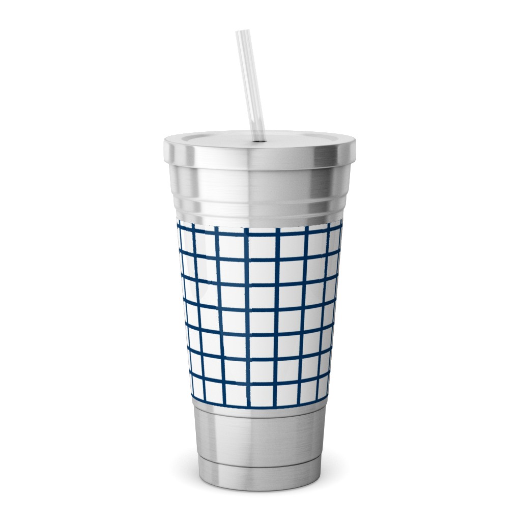 Grid - Navy and White Stainless Tumbler with Straw, 18oz, Blue