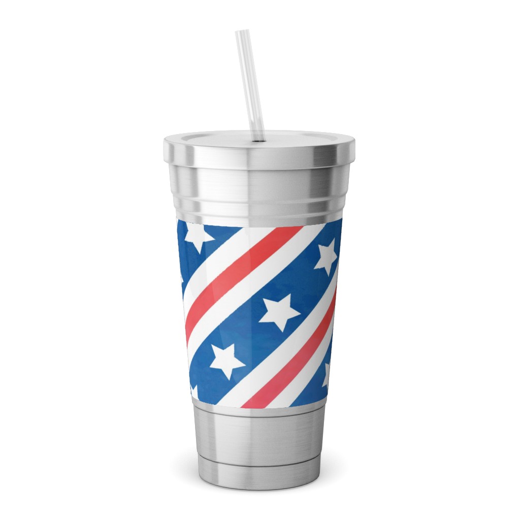 Stars & Stripes - Diagonal Stainless Tumbler with Straw, 18oz, Blue