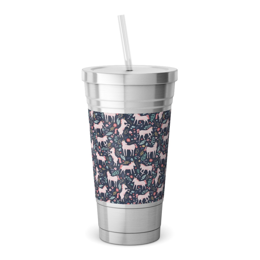 Pink Unicorn Fields - Dark Stainless Tumbler with Straw, 18oz, Multicolor