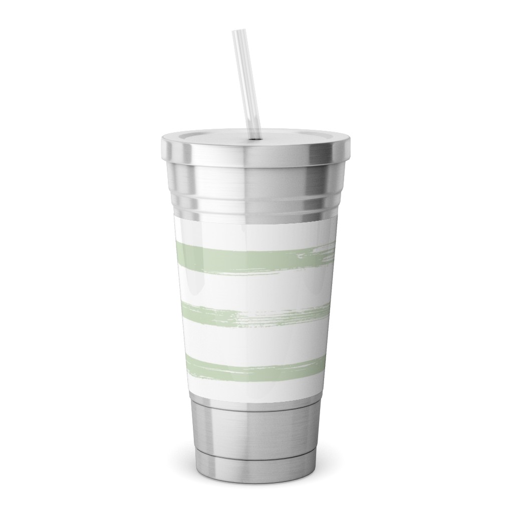 Sage and White Stripes Stainless Tumbler with Straw, 18oz, Green