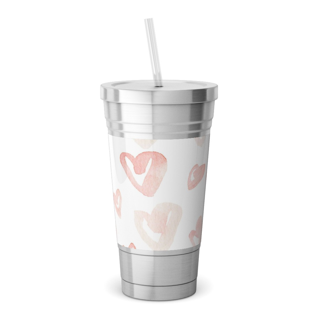 Pale Pink Hearts - Pink Stainless Tumbler with Straw, 18oz, Pink