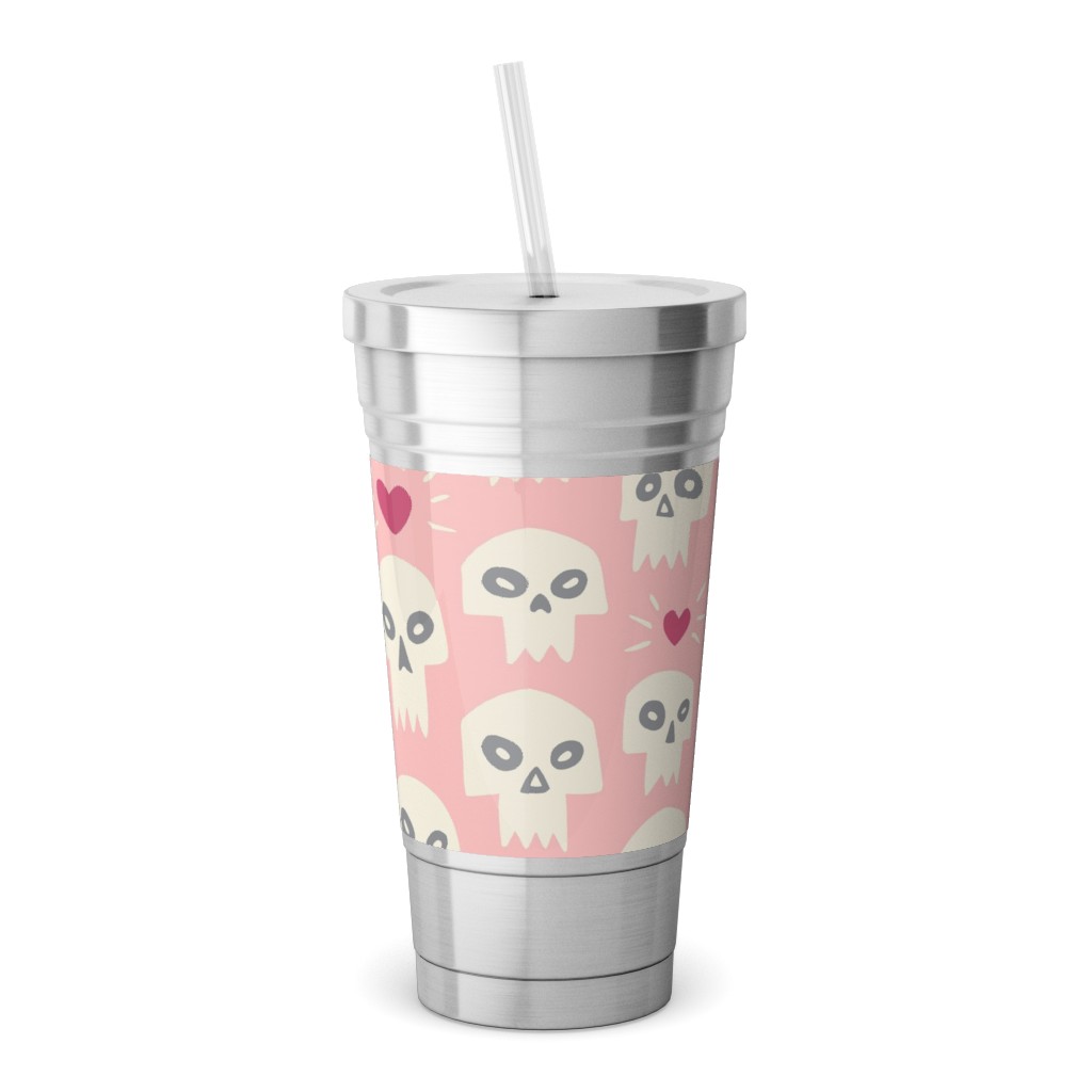 Skulls With Hearts - Pink Stainless Tumbler with Straw, 18oz, Pink