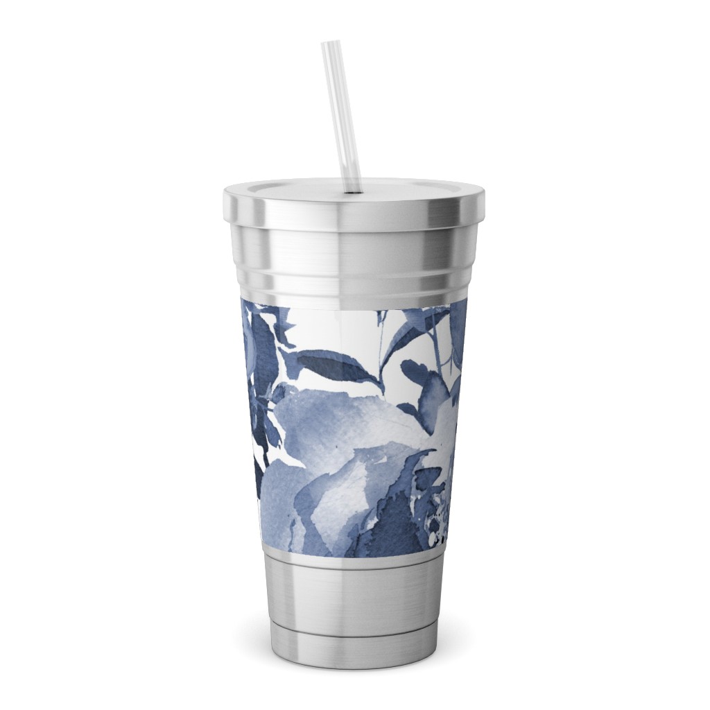 Blue and White Florals Indigo Stainless Tumbler with Straw Shutterfly