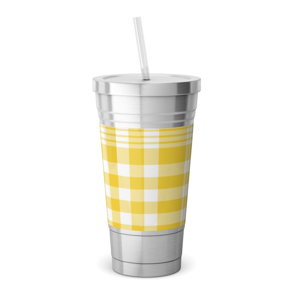 Plaid Pattern Stainless Tumbler with Straw, 18oz, Yellow