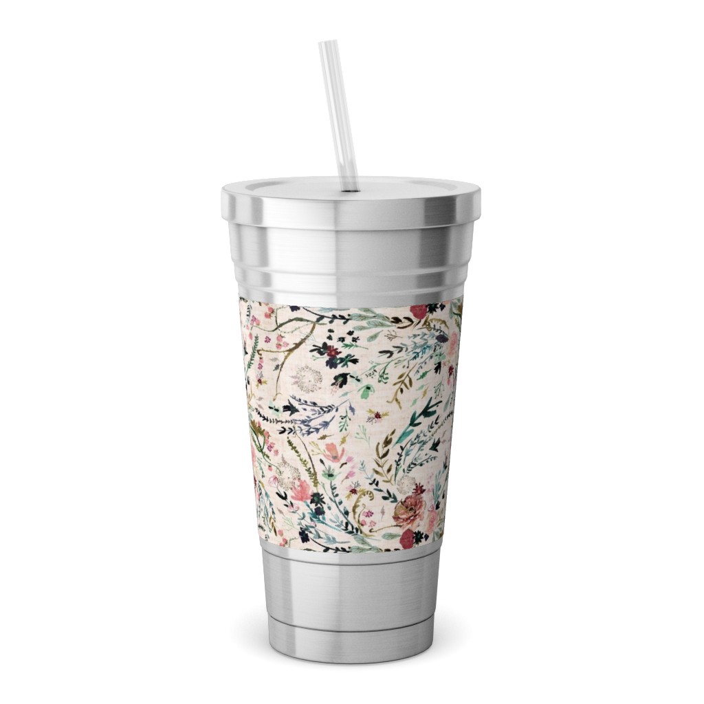 Fable Floral - Blush Stainless Tumbler with Straw, 18oz, Multicolor