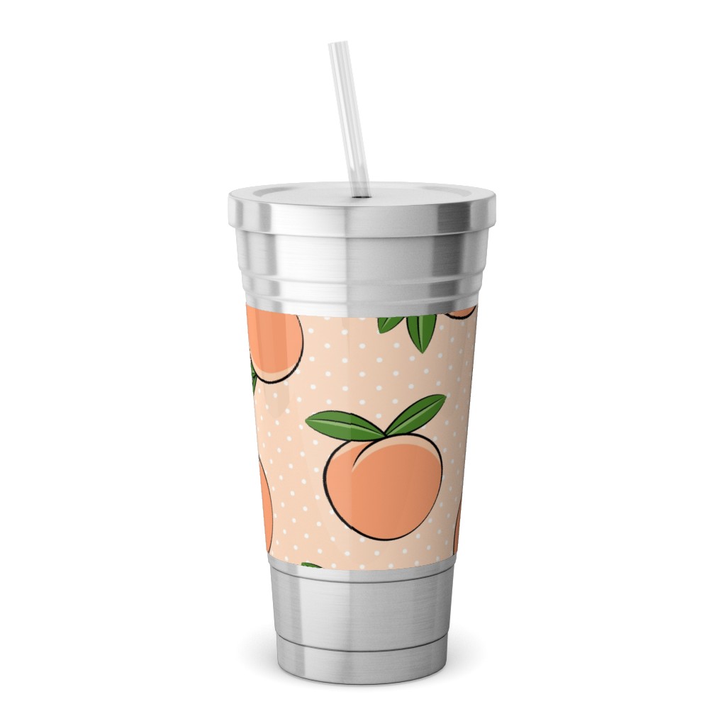 Peachy Polka Dots - Peach Stainless Tumbler with Straw, 18oz, Orange