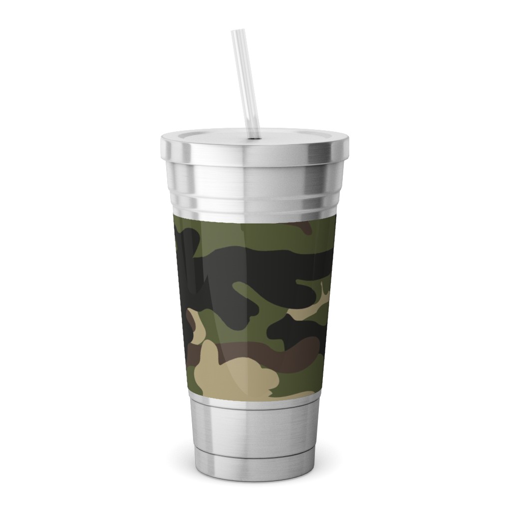 Ducks, Trucks, and Eight Point Bucks - Camo Stainless Tumbler with Straw, 18oz, Green