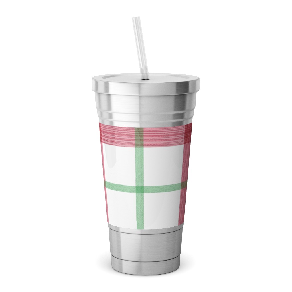 Double Plaid Stainless Tumbler with Straw, 18oz, Red