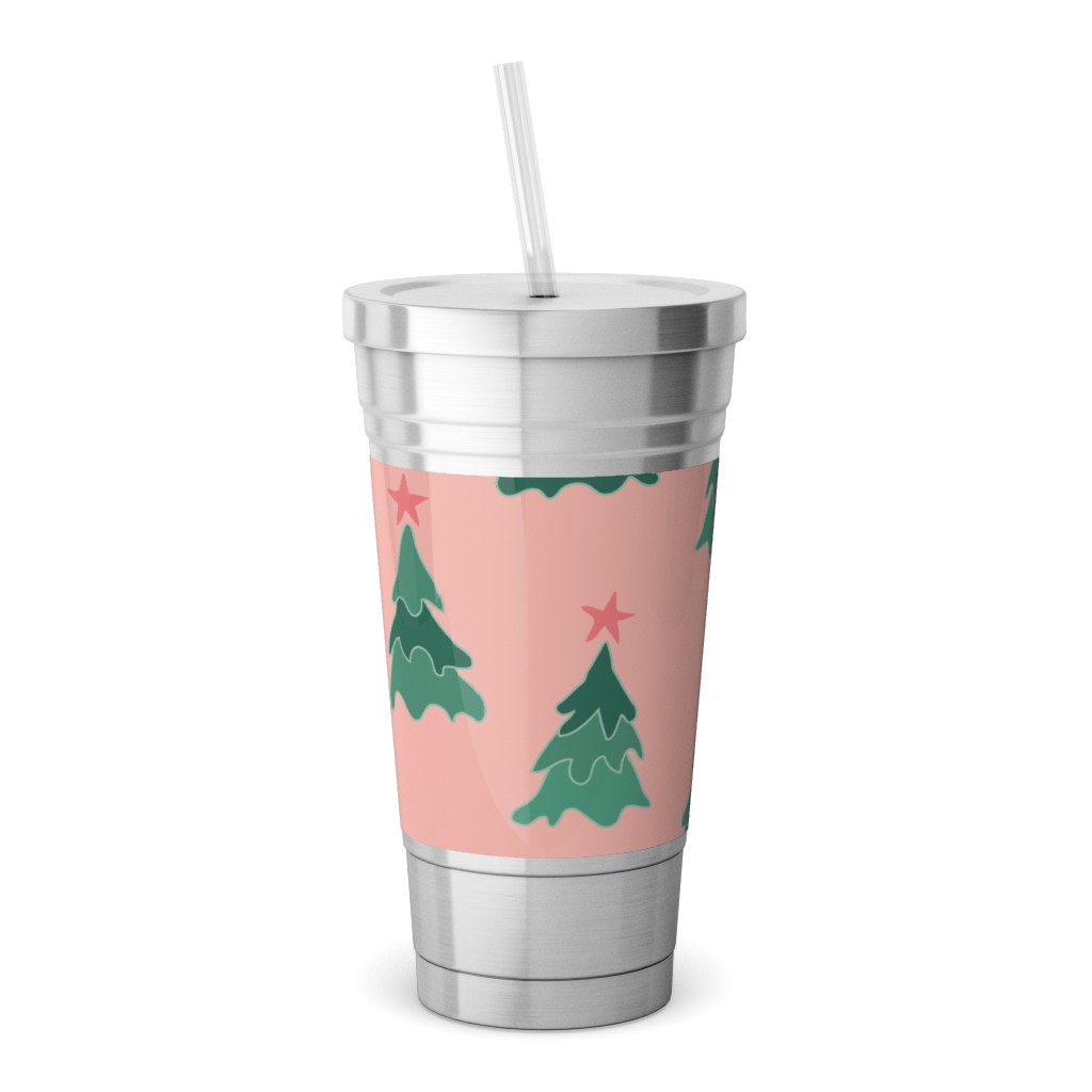 Modern Christmas Trees Stainless Tumbler with Straw, 18oz, Pink