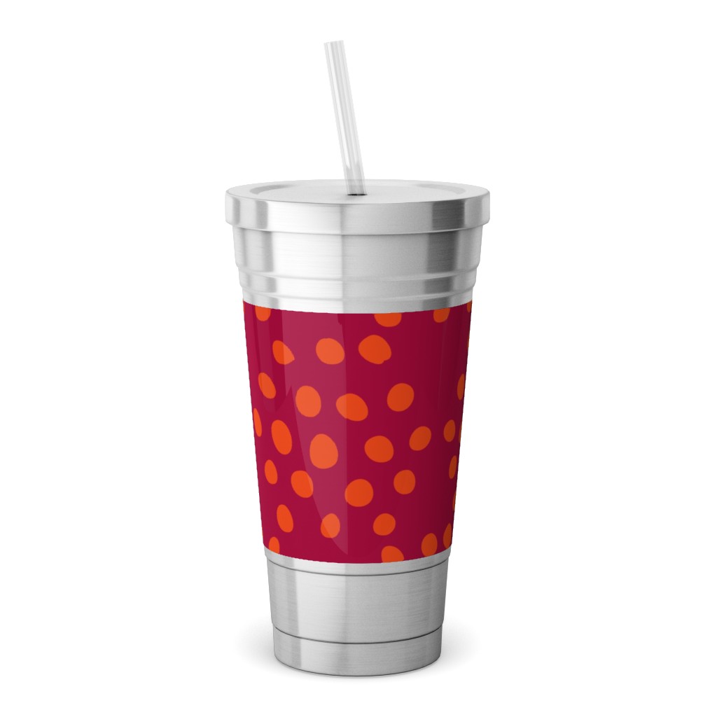 Hexagon Dots - Red and Orange Stainless Tumbler with Straw, 18oz, Red