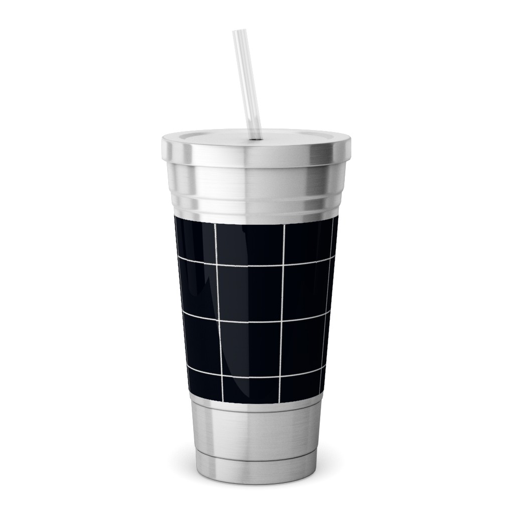 Grid - Black Ad White Stainless Tumbler with Straw, 18oz, Black