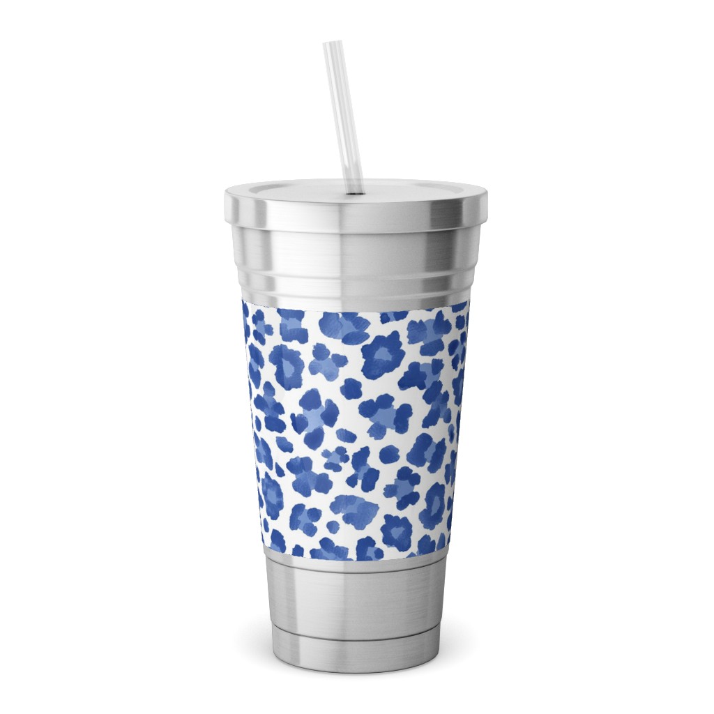 Leopard Pattern Print Stainless Tumbler with Straw, 18oz, Blue