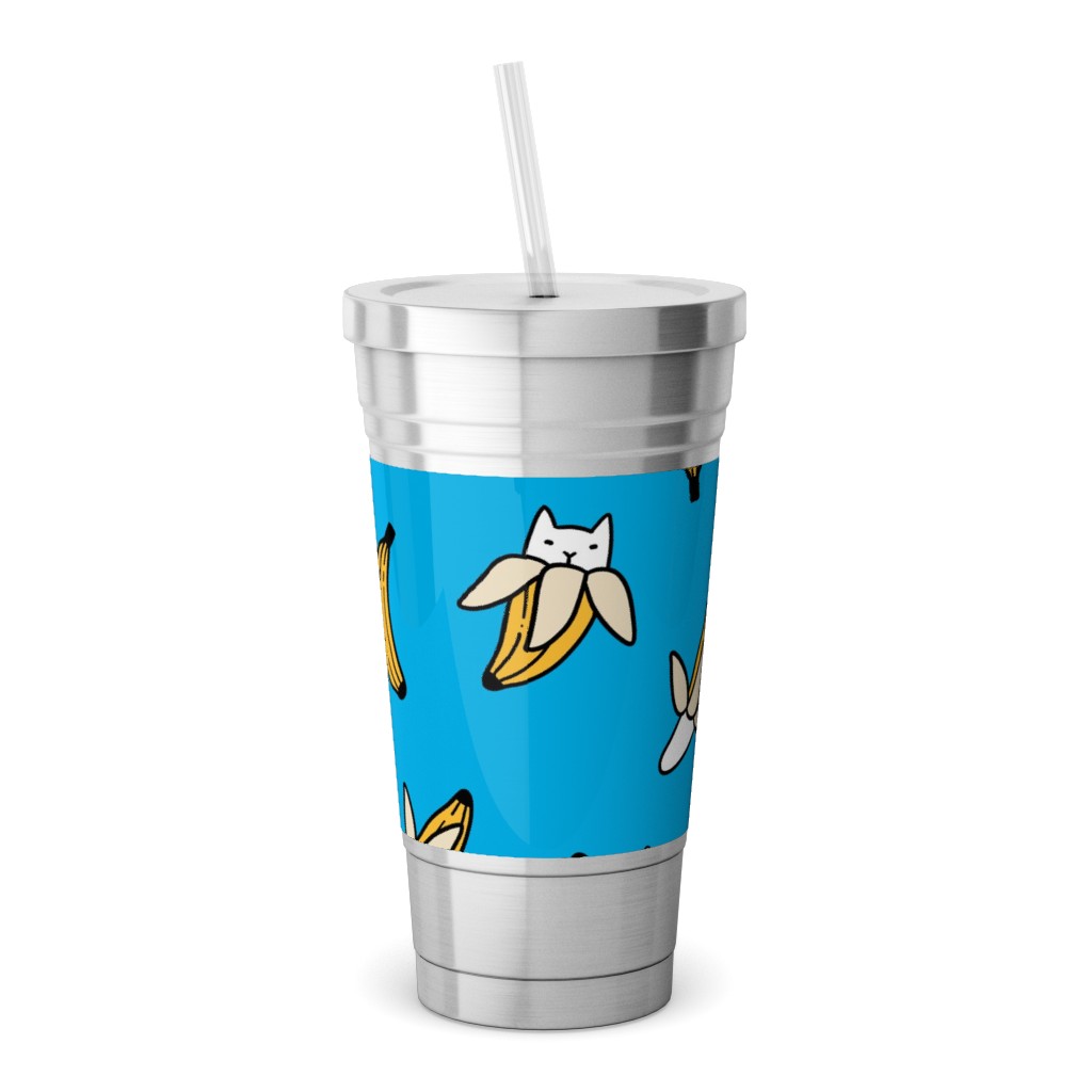 Funny Yummy Banana Cats - Blue Stainless Tumbler with Straw, 18oz, Blue
