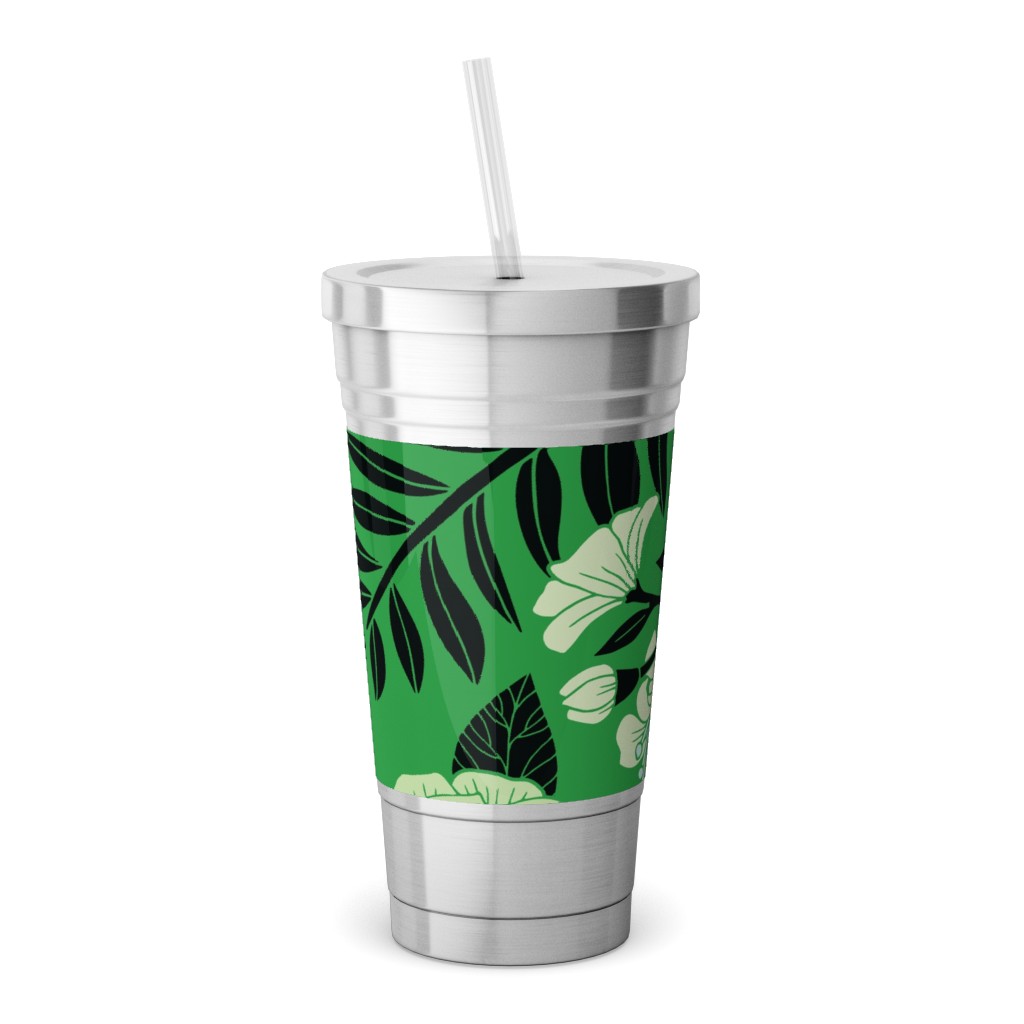 Light green and fuchsia stainless steel tumbler with a metal straw. main image 0