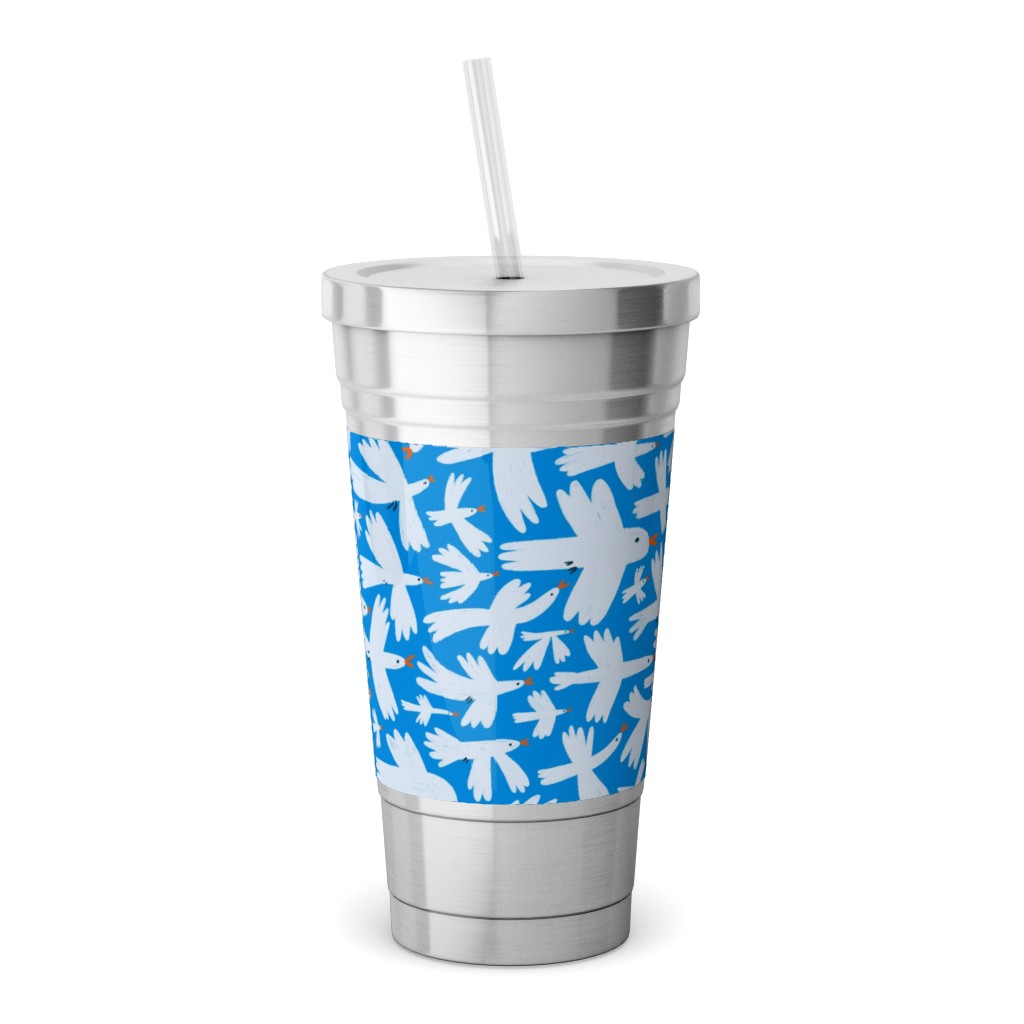 Birds - White on Blue Stainless Tumbler with Straw, 18oz, Blue