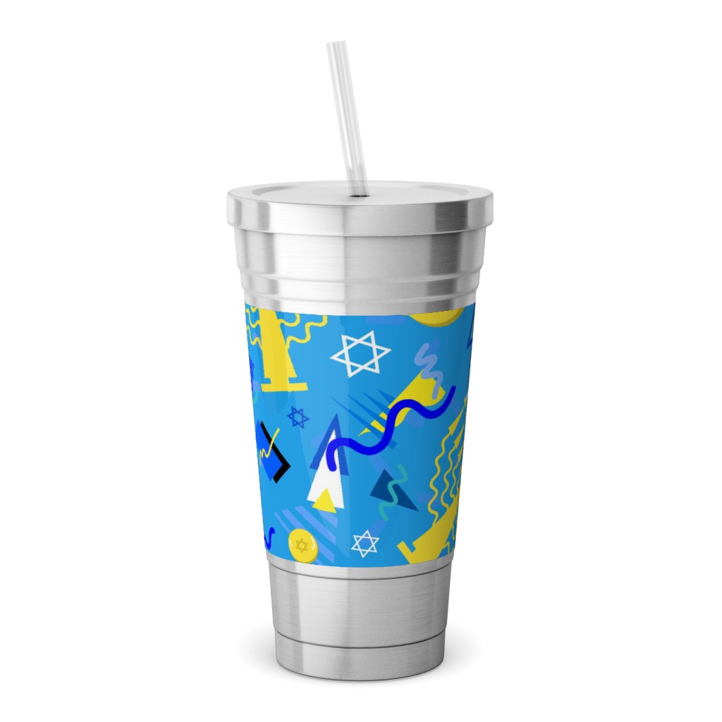 80s Hanukkah Celebration Blue Stainless Tumbler with Straw Shutterfly