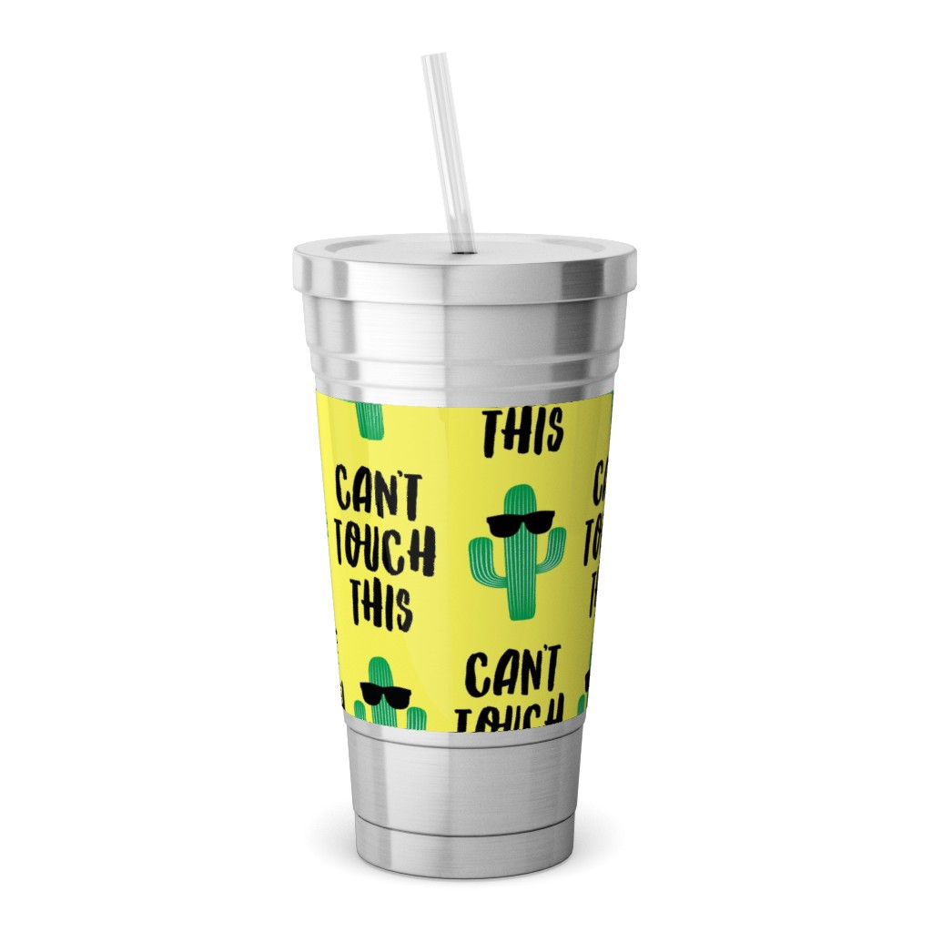 Can't Touch This - Cactus With Sunnies - Yellow Stainless Tumbler with Straw, 18oz, Yellow