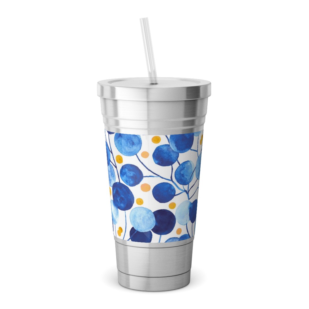 Pompom Plants - Cobalt & Gold Stainless Tumbler with Straw, 18oz, Blue