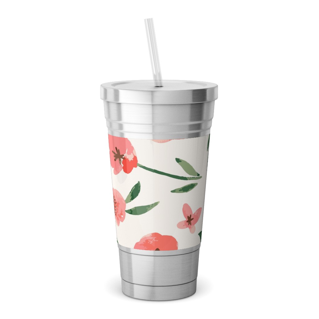 Scattered Watercolor Spring Flowers Stainless Tumbler with Straw, 18oz, Pink