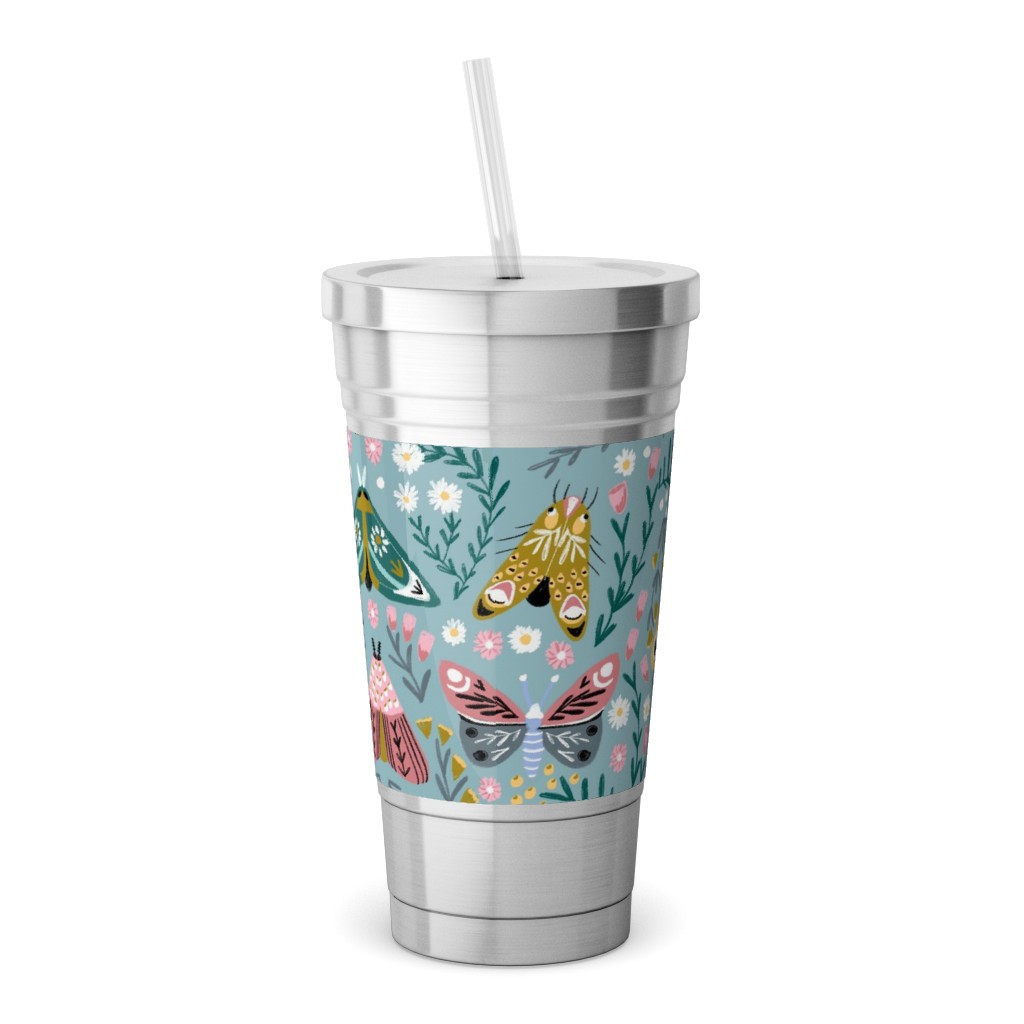 Spring Floral and Butterflies - Blue Stainless Tumbler with Straw, 18oz, Multicolor