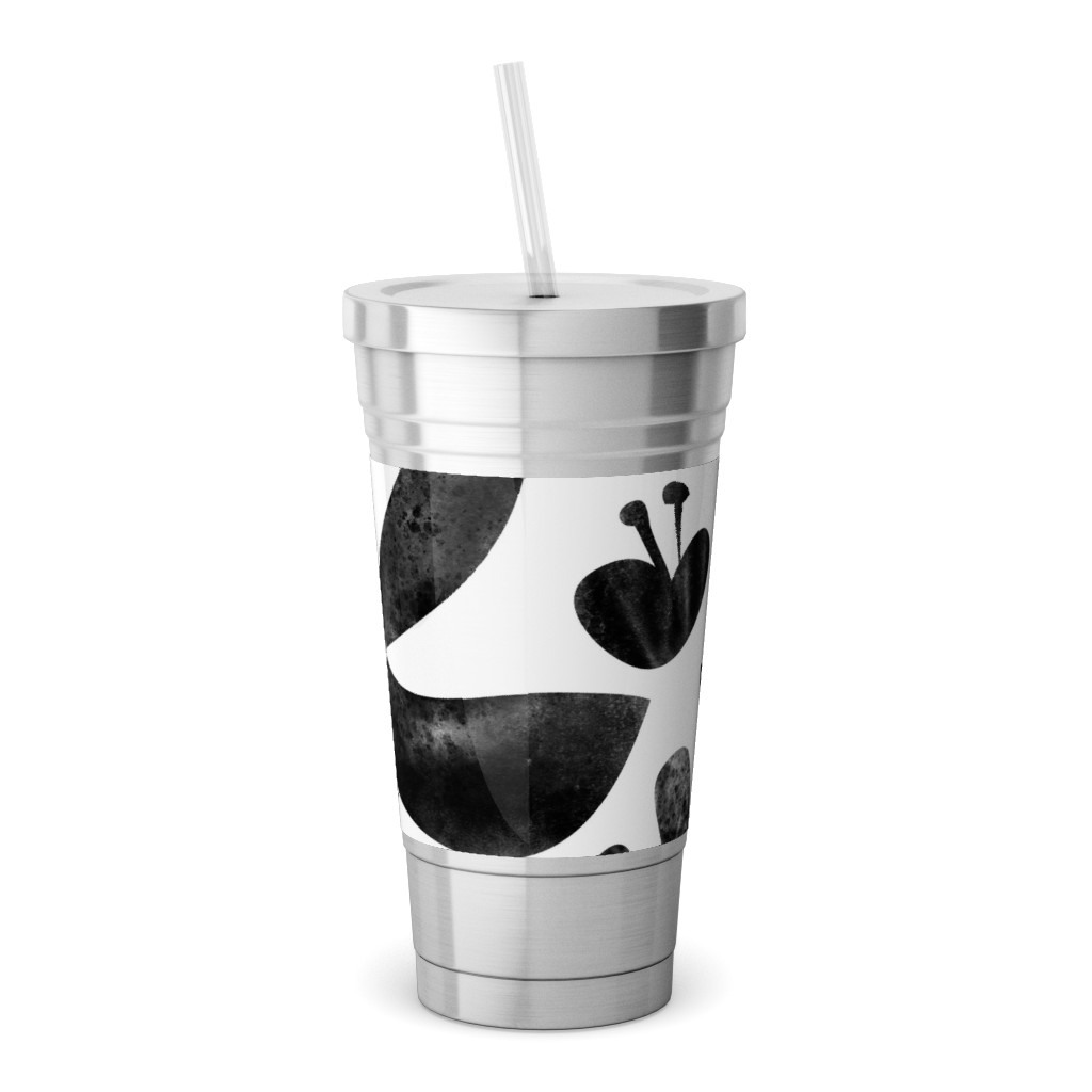 Flower Cutouts - Light Stainless Tumbler with Straw, 18oz, Black