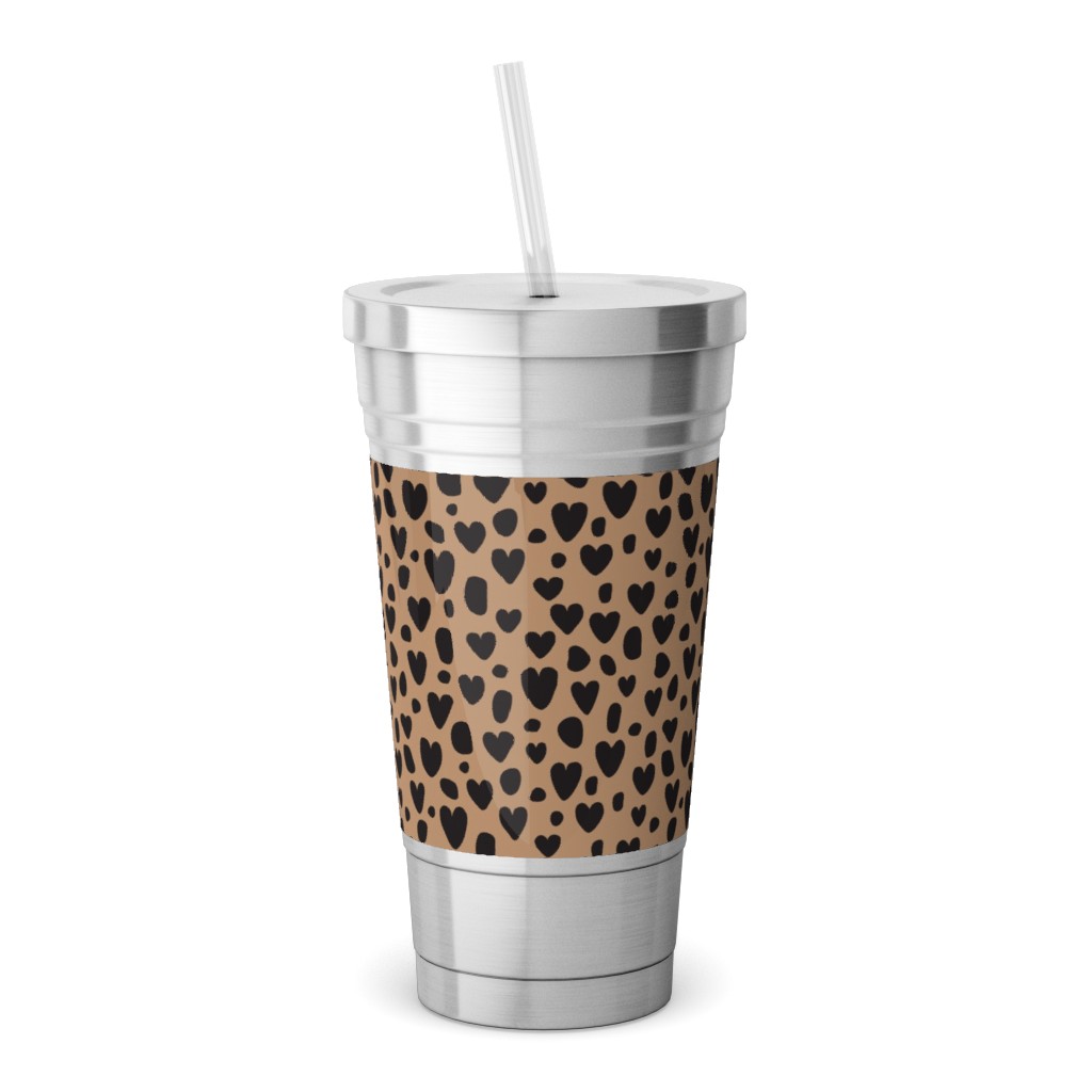 Leopard Hearts - Brown Stainless Tumbler with Straw, 18oz, Brown