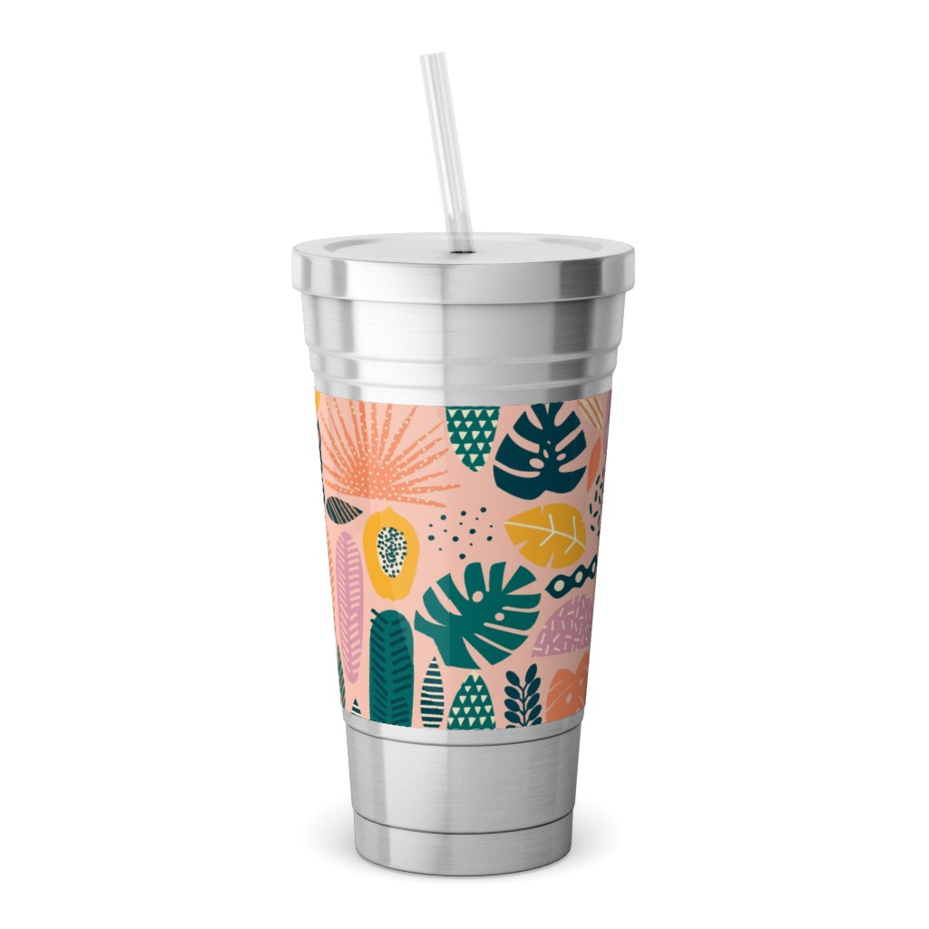 Hawaii Floral - Pink Stainless Tumbler with Straw, 18oz, Multicolor