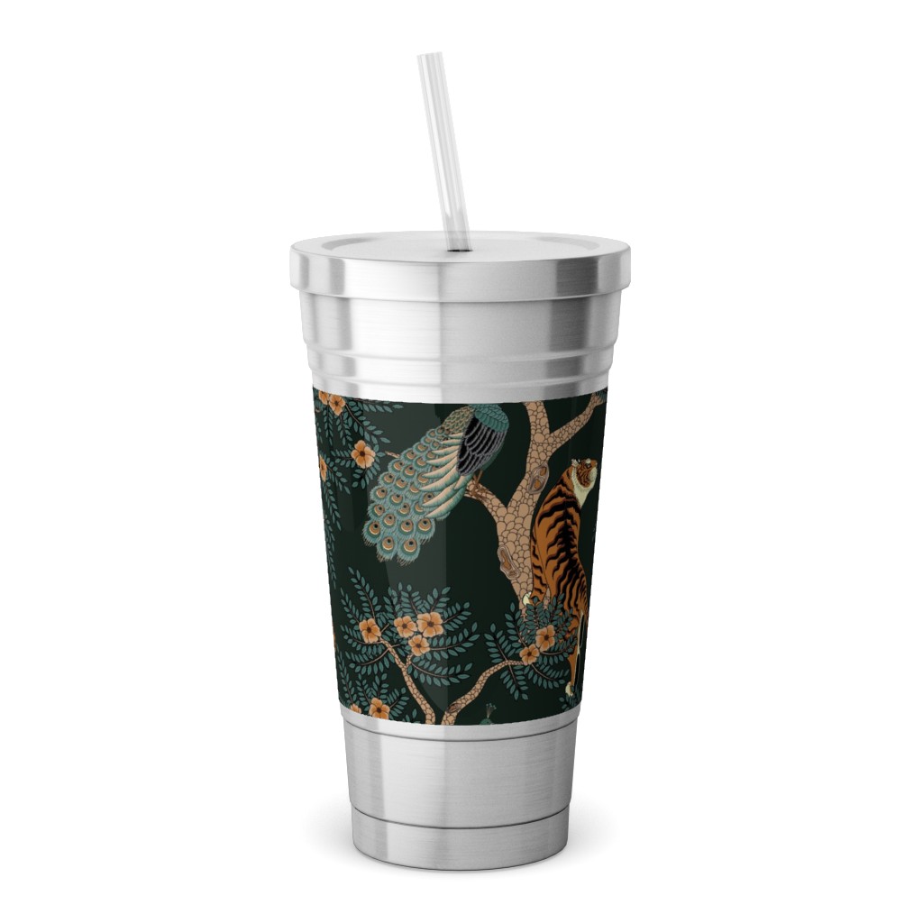 Tiger and Peacock - Black Stainless Tumbler with Straw, 18oz, Black