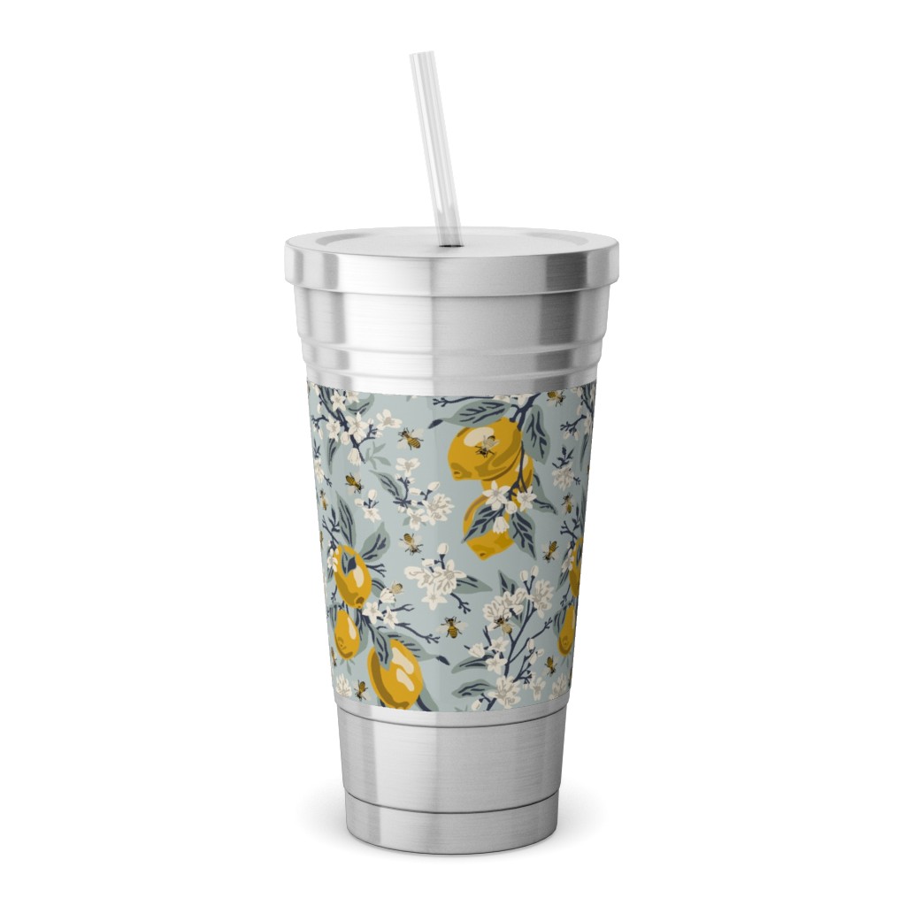 Bees & Lemons - Blue Stainless Tumbler with Straw, 18oz, Blue
