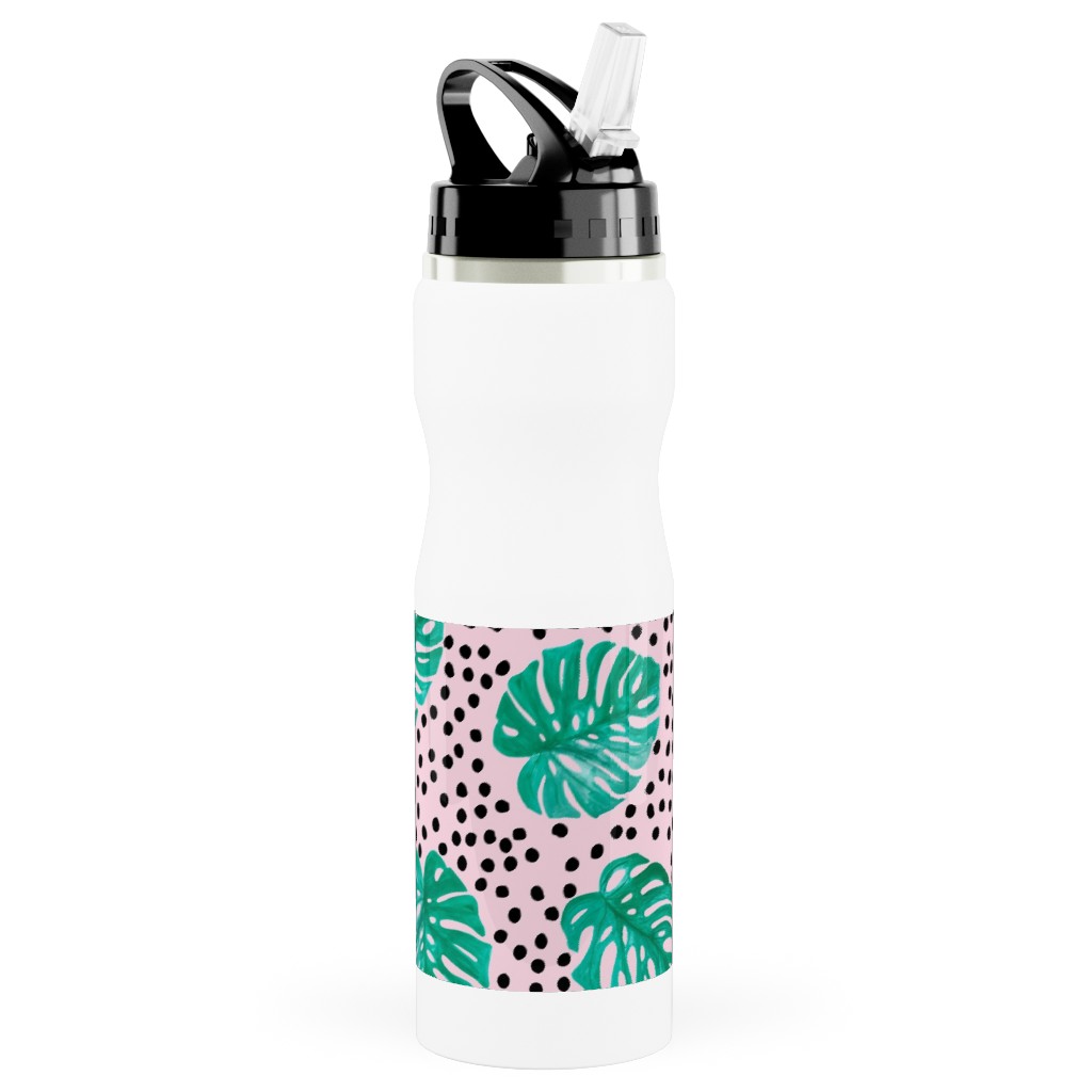 Tropical Monstera - Pink Stainless Steel Water Bottle with Straw, 25oz, With Straw, Pink, Bright Pink