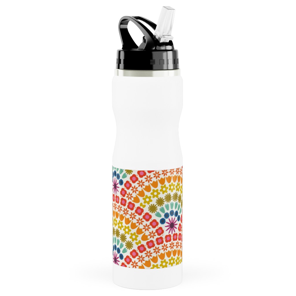 Rainbow Flower Scallops - Multi Stainless Steel Water Bottle with Straw, 25oz, With Straw, Multicolor