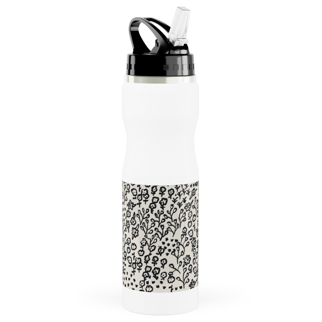 La Ville Meadow - Black Stainless Steel Water Bottle with Straw, 25oz, With Straw, Black