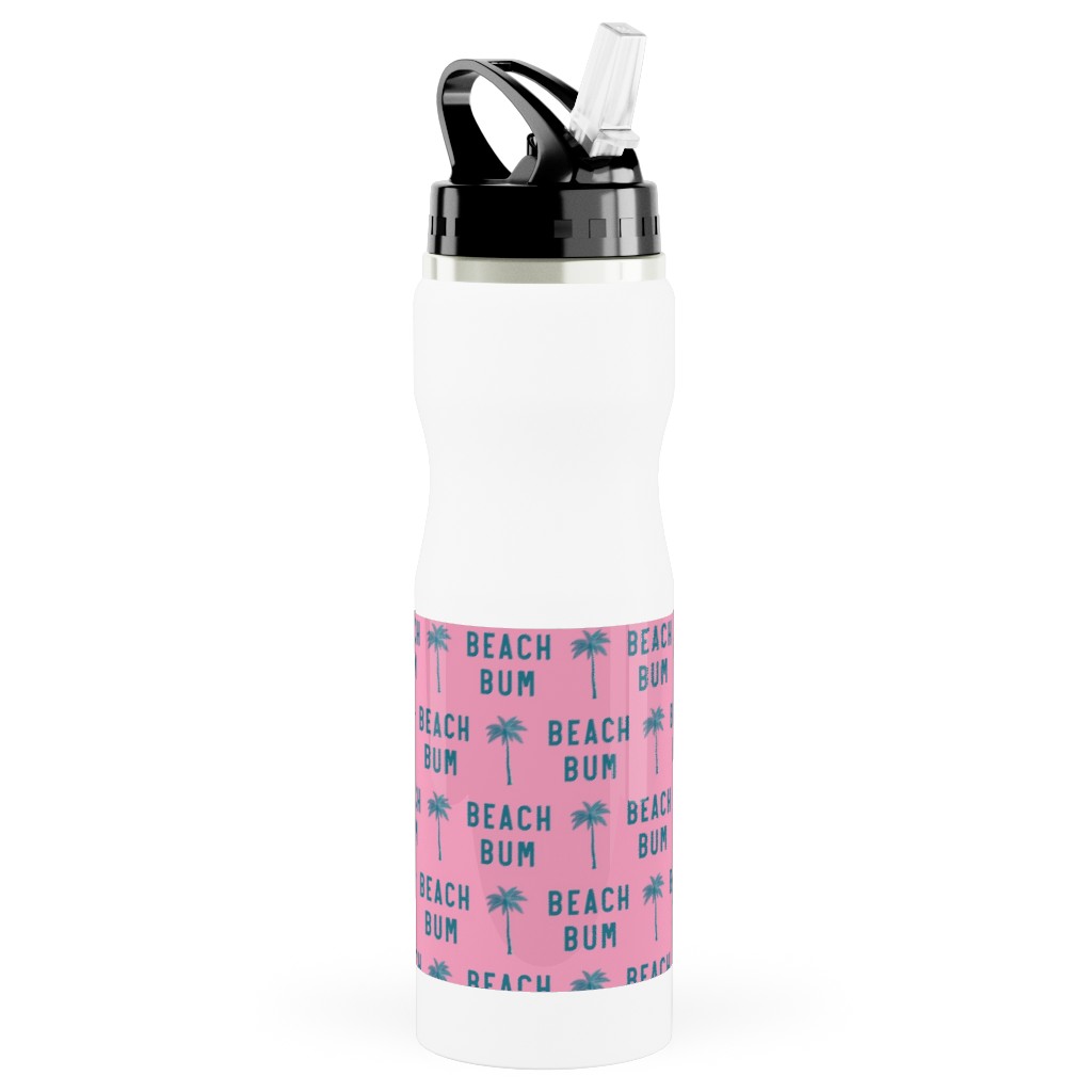 Beach Bum - Teal on Pink Stainless Steel Water Bottle with Straw, 25oz, With Straw, Pink, Bright Pink