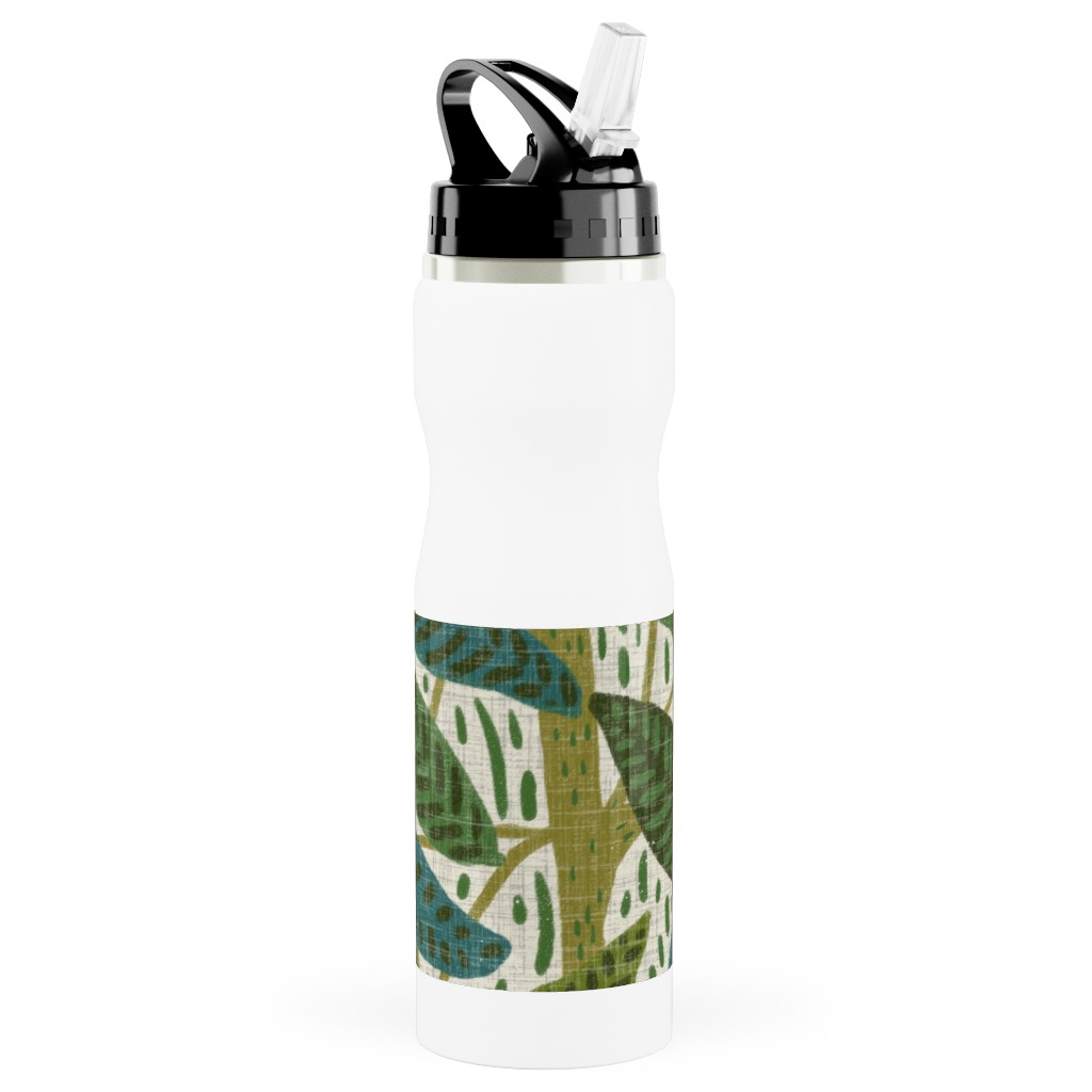 Jungle Foliage - Green Stainless Steel Water Bottle with Straw, 25oz, With Straw, Green