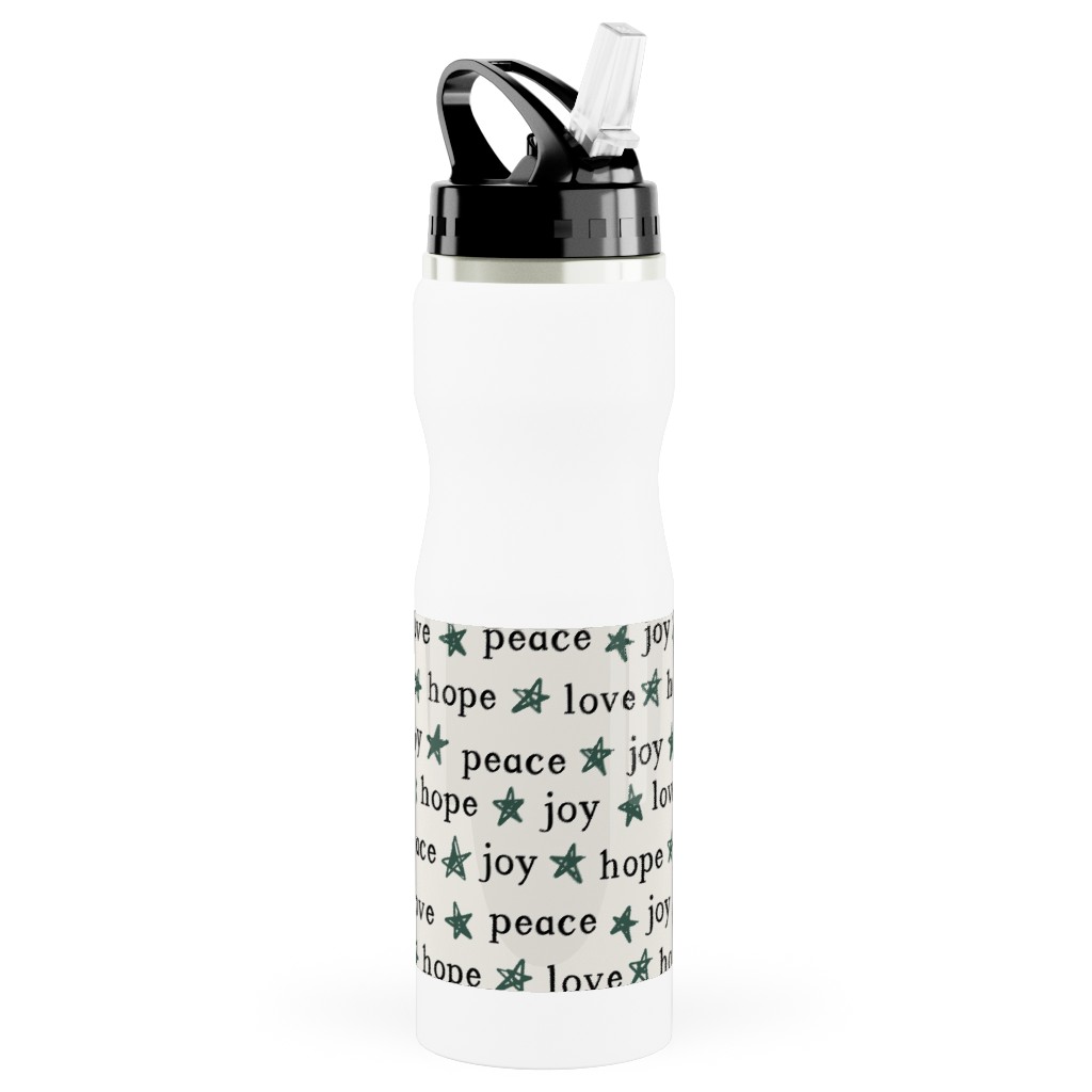 Peace Love Hope Joy - Beige Stainless Steel Water Bottle with Straw, 25oz, With Straw, Beige