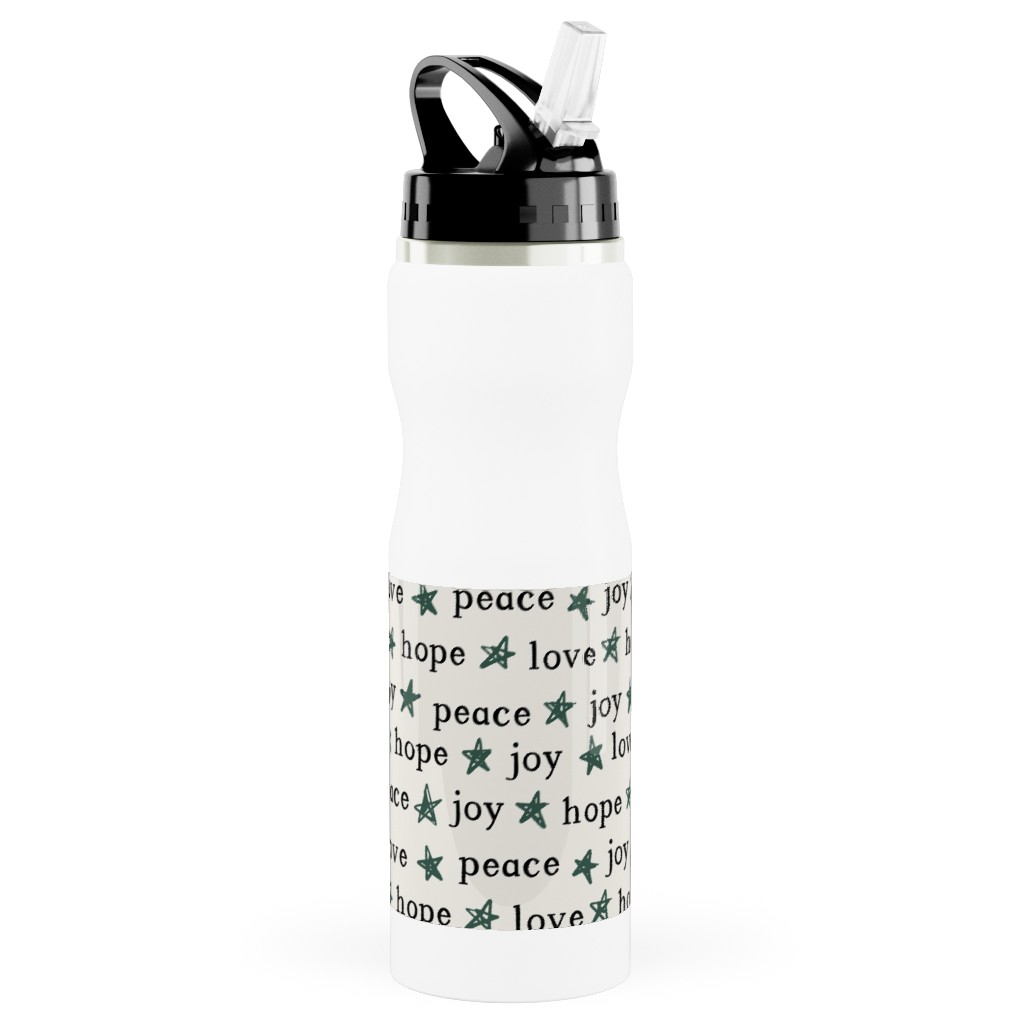 Peace Love Hope Joy - Beige Stainless Steel Water Bottle with Straw, 25oz, With Straw, Beige, Pearl