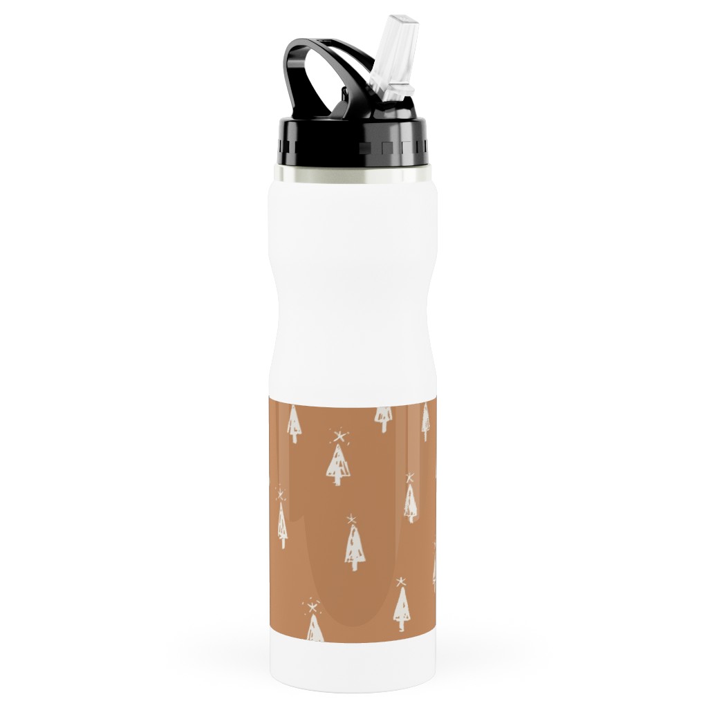 Christmas Trees on Pine Needle Stainless Steel Water Bottle with Straw, 25oz, With Straw, Orange, Pueblo