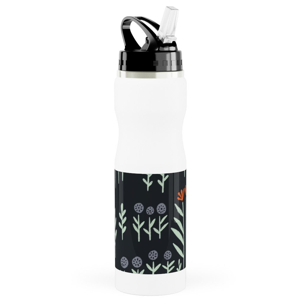 Delicate Floral - Orange and White Stainless Steel Water Bottle with Straw, 25oz, With Straw, Black
