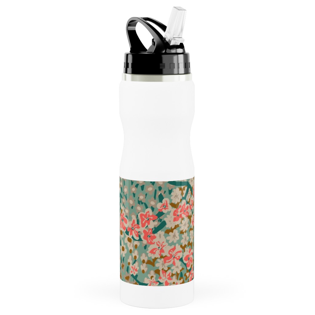 Bengal Kuma Floral - Multi Stainless Steel Water Bottle with Straw, 25oz, With Straw, Green, Classic Green