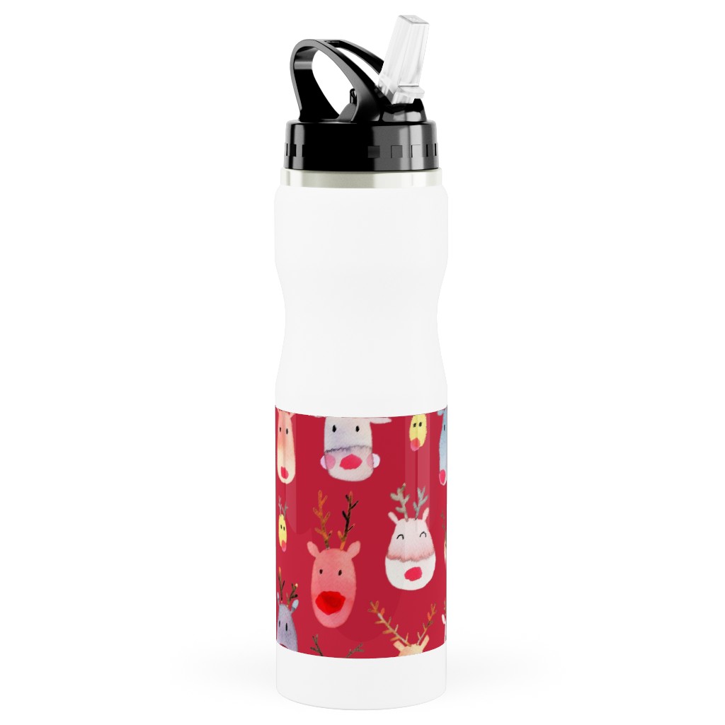 Rudolph Reindeers Stainless Steel Water Bottle with Straw, 25oz, With Straw, Red
