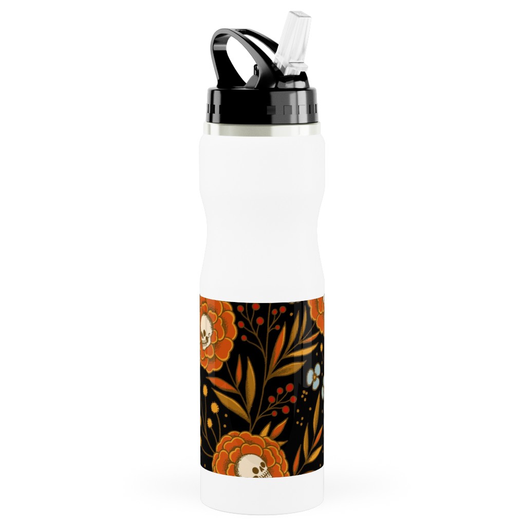 Halloween Floral - Multi Stainless Steel Water Bottle with Straw, 25oz, With Straw, Multicolor