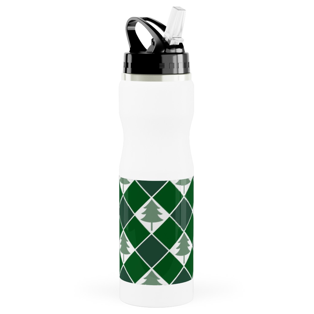 Christmas Tree Checkers - Green Stainless Steel Water Bottle with Straw, 25oz, With Straw, Green
