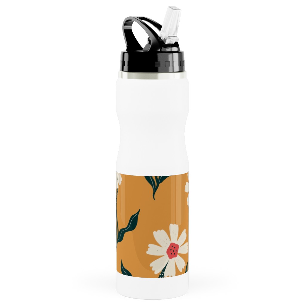 Flower Power - Orange Stainless Steel Water Bottle with Straw, 25oz, With Straw, Yellow, Classic Yellow