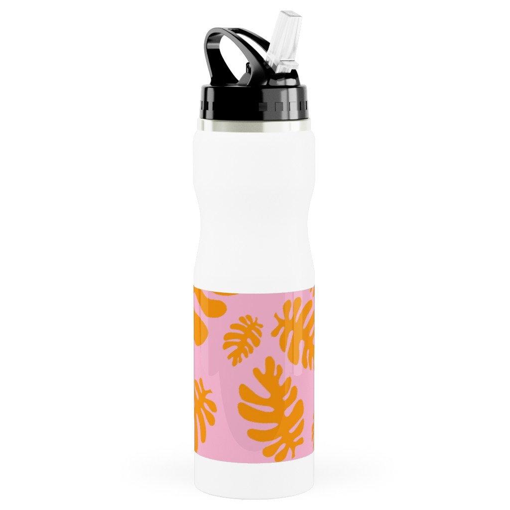 Funky Tropical Leaf - Orange and Blush Stainless Steel Water Bottle with Straw, 25oz, With Straw, Pink, Bright Pink