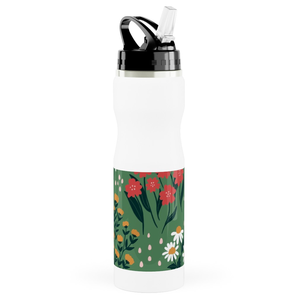 Flowerbed Stainless Steel Water Bottle with Straw, 25oz, With Straw, Green