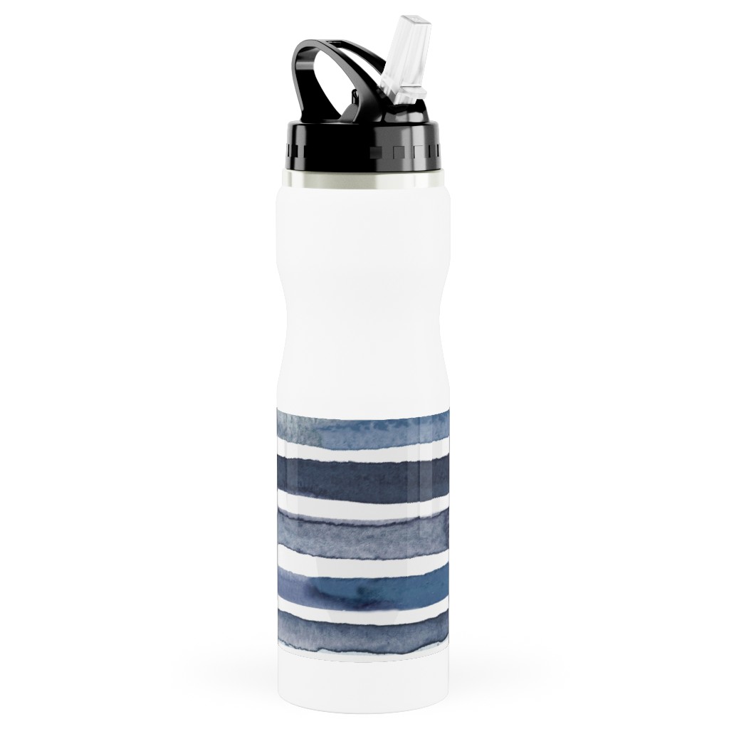 Watercolor Stripes - Blue Stainless Steel Water Bottle with Straw, 25oz, With Straw, Blue, True Blue